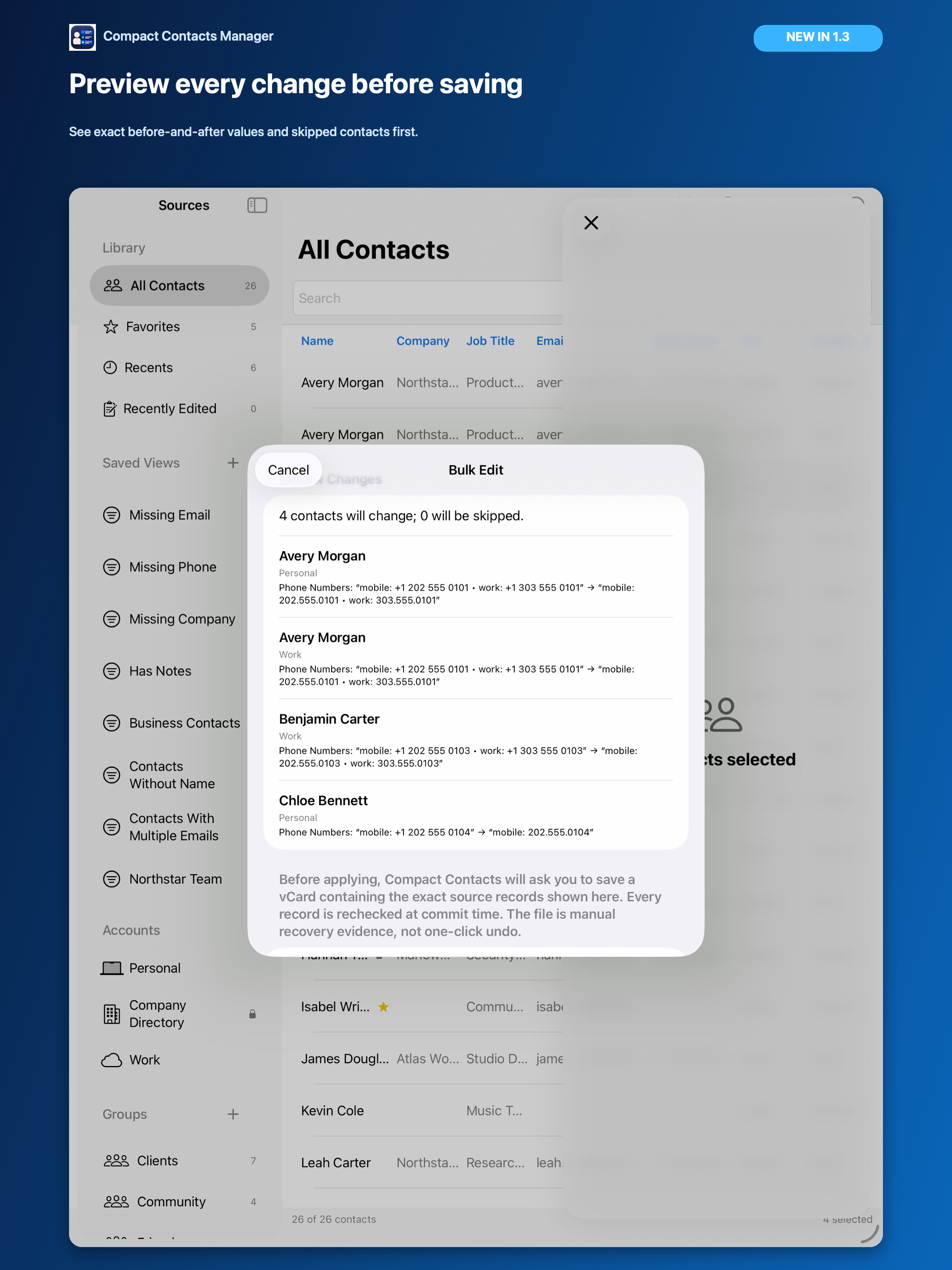 Compact Contacts Manager previewing every Bulk Edit change on iPad