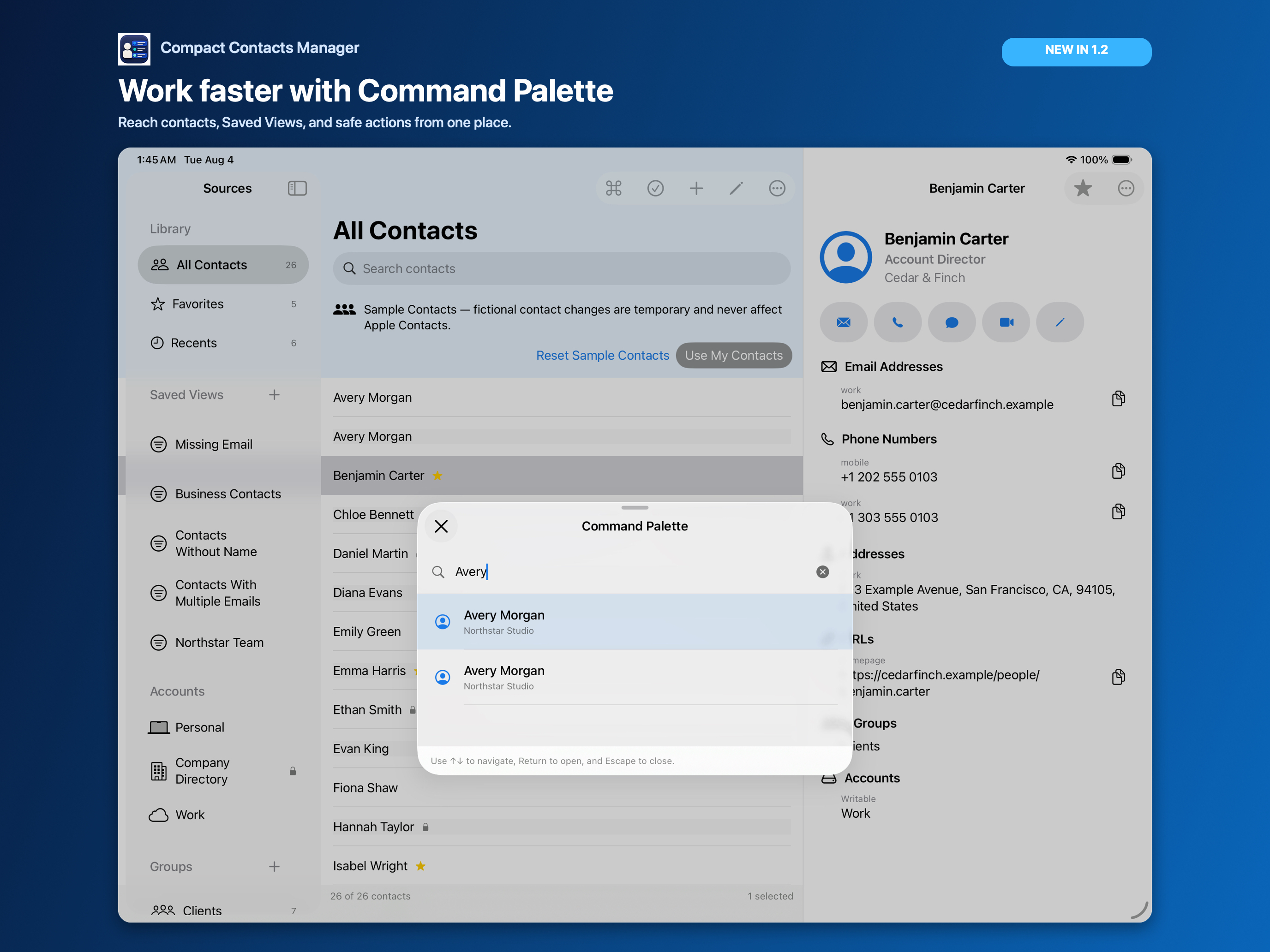 Compact Contacts Command Palette listing contacts, views, and commands