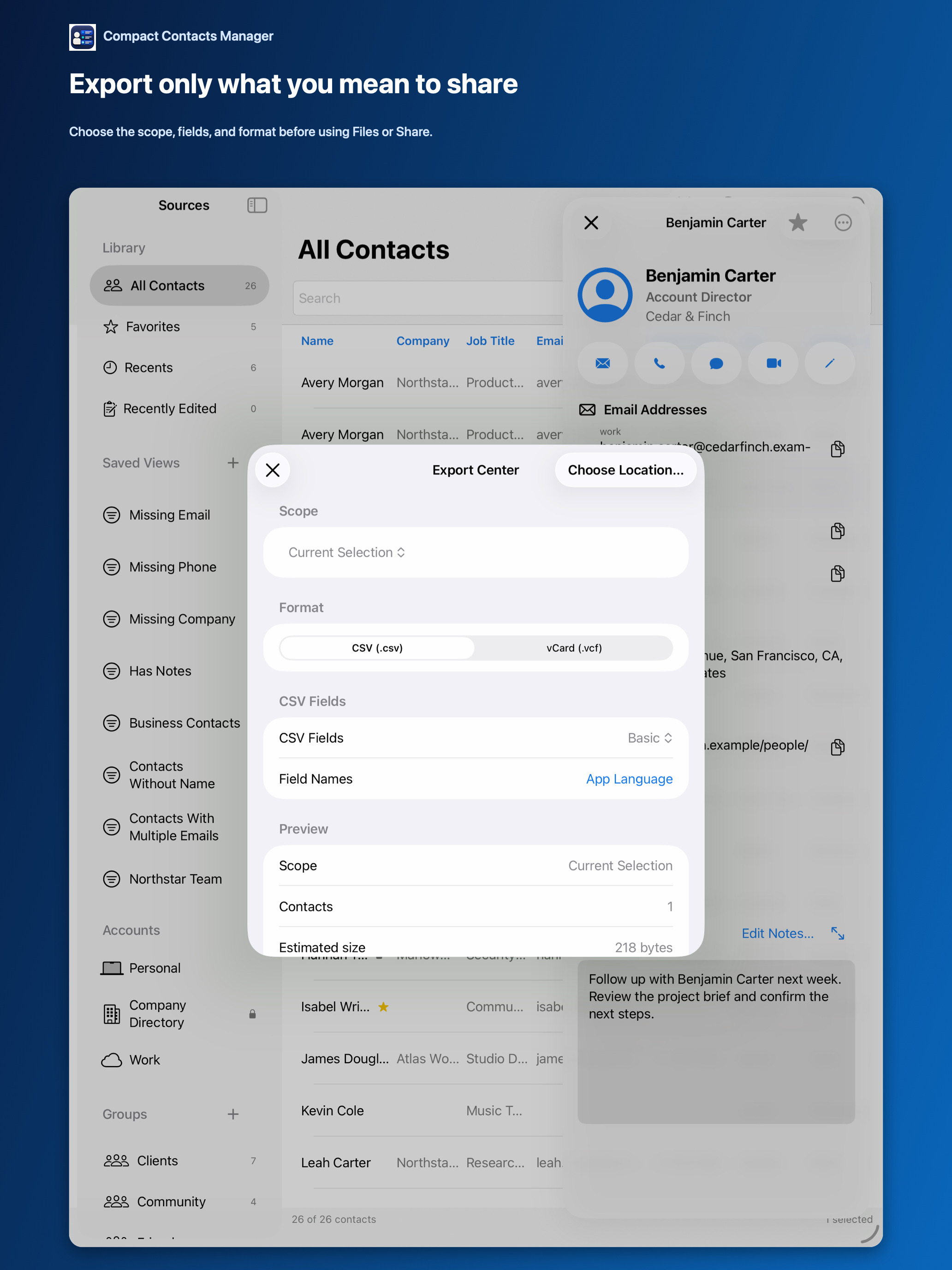 Compact Contacts interface illustrating contact notes detail panel Mac