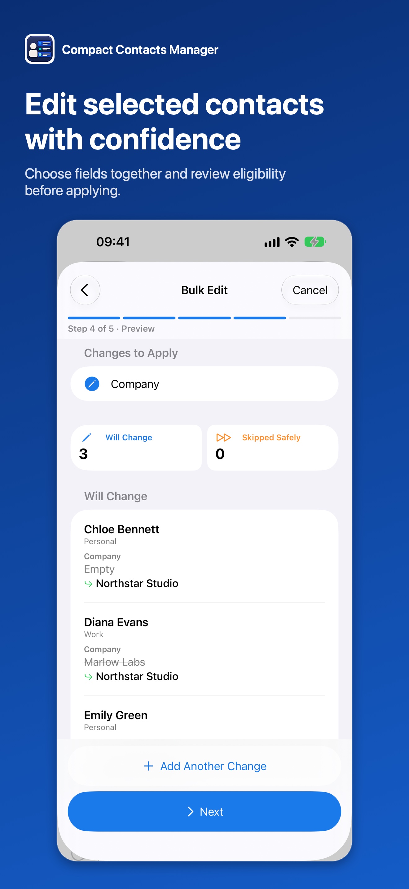 Bulk Edit on iPhone previewing which contacts will change before applying