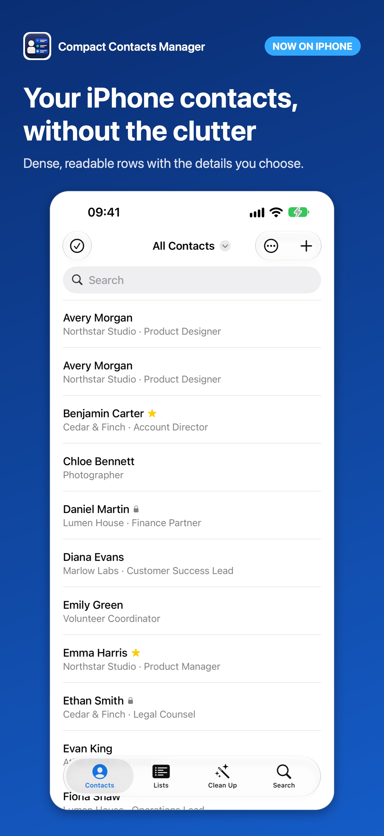 Compact Contacts Manager on iPhone showing two-line contact rows and the Contacts, Lists, Clean Up, and Search tabs