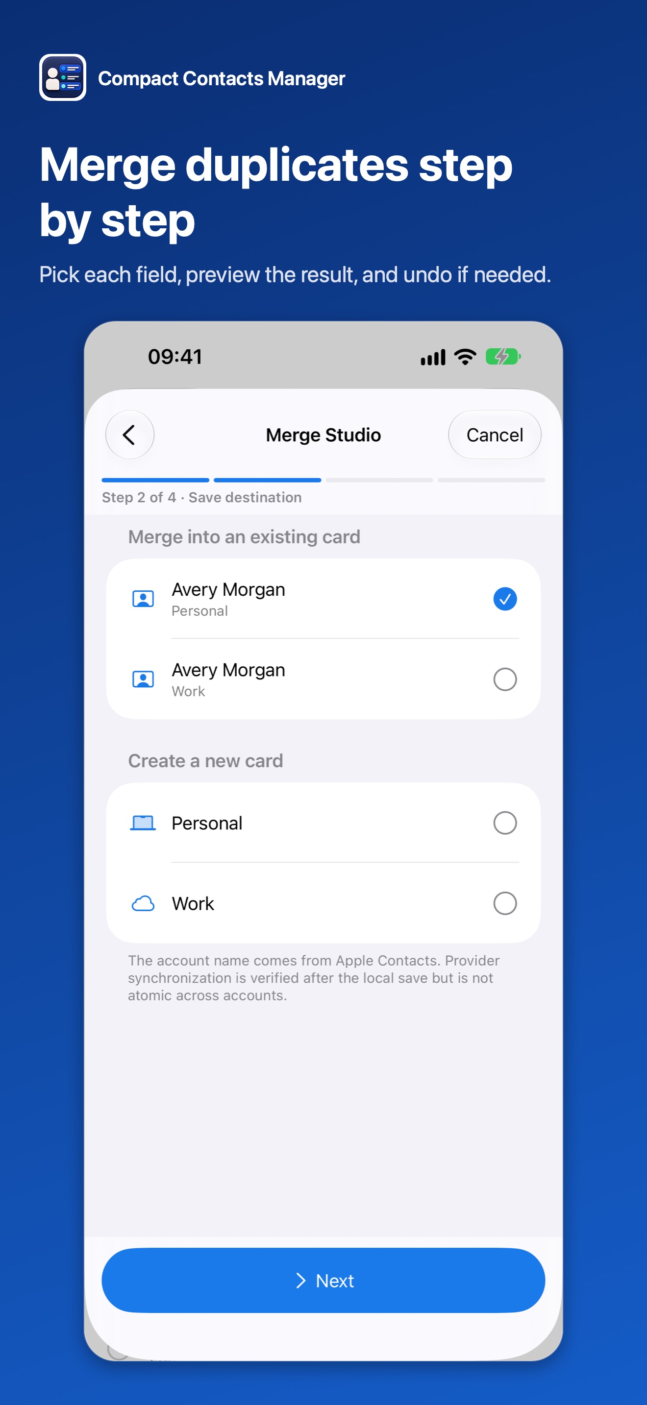 Merge Studio on iPhone choosing the destination card in step 2 of 4