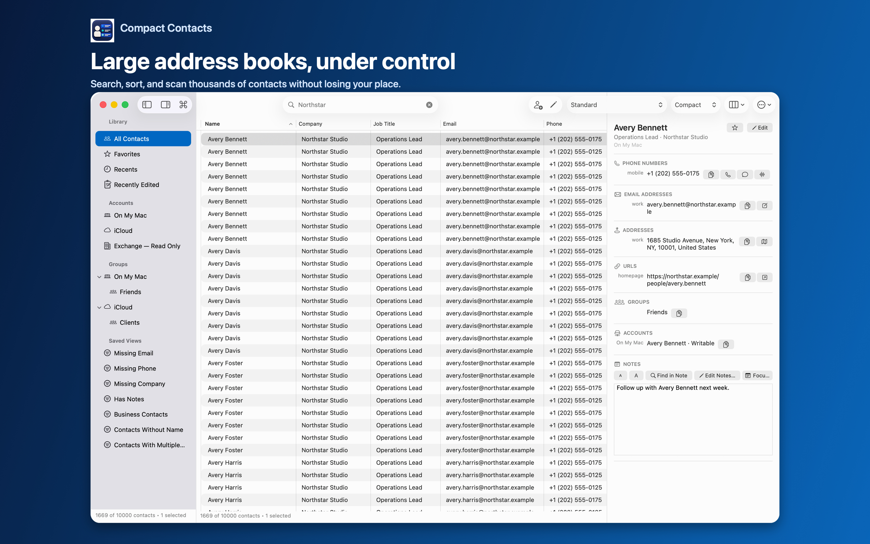 Compact Contacts showing a dense Mac contact table, sidebar, and details inspector