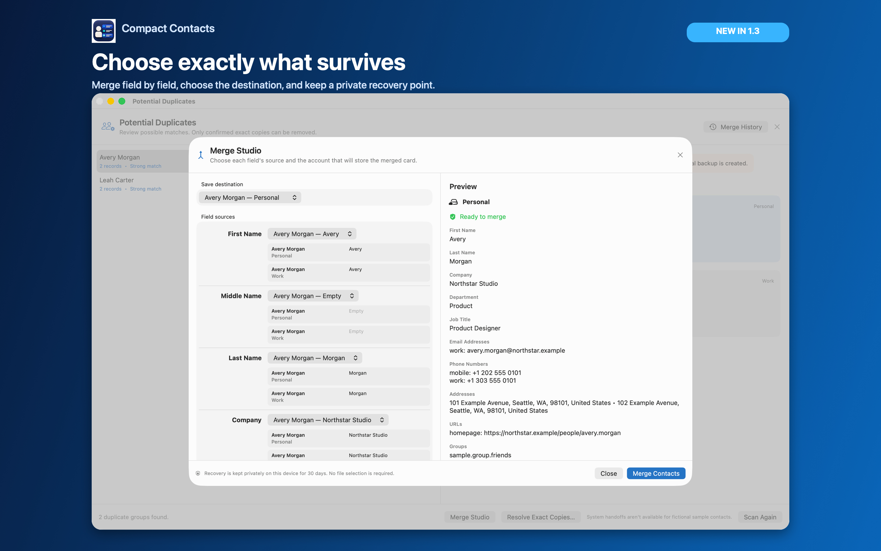 Compact Contacts Merge Studio showing field-level choices and an automatic preview on Mac