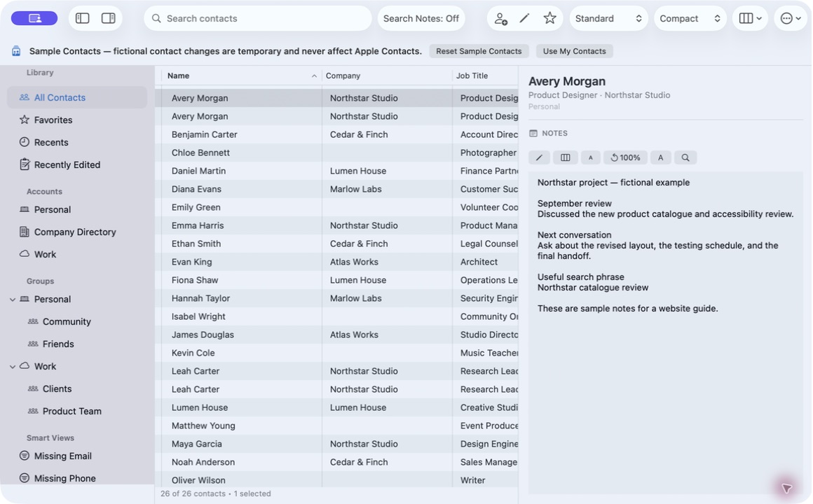 Fictional project note in the Compact Contacts 1.4.1 Notes-focused Inspector
