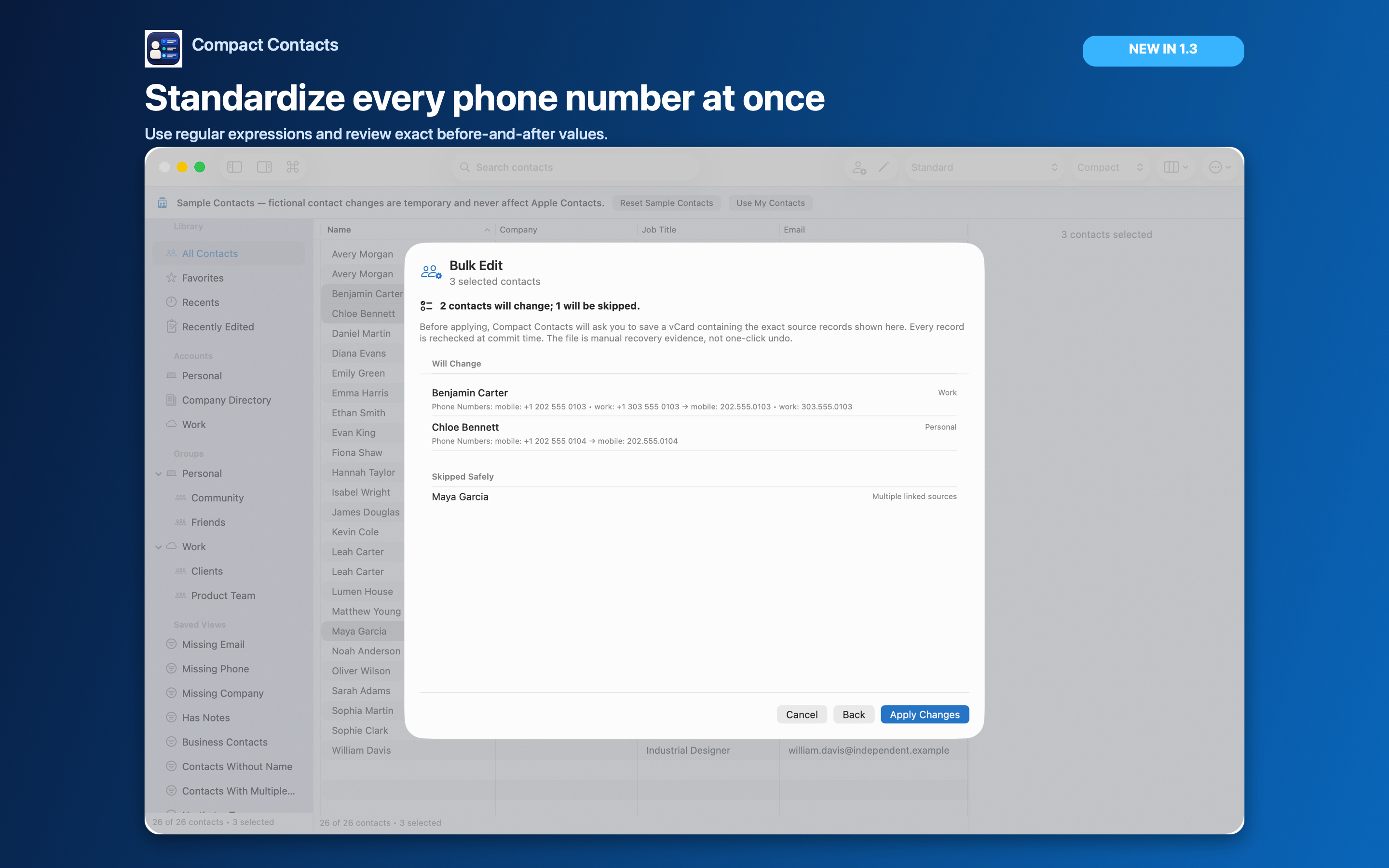 Bulk Edit phone-number formatting preview in Compact Contacts