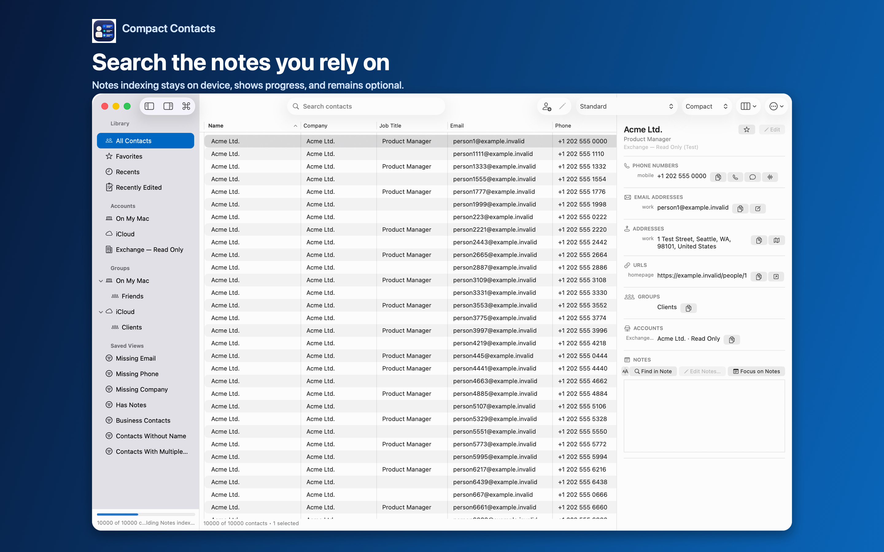 Compact Contacts interface illustrating search notes in Mac Contacts
